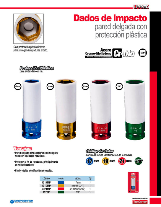 Dado de impacto en pulgadas cuadro de 1/2" con protección Nylamid, 7/8" Urrea