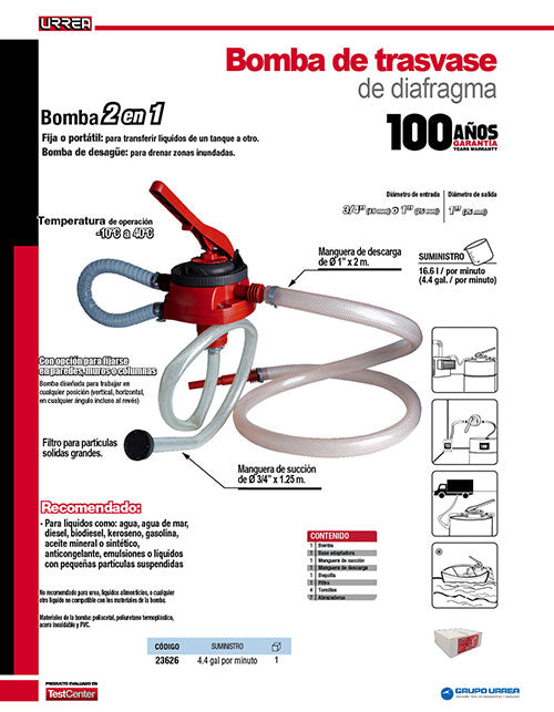 Bomba de trasvase de diafragma, suministro 16.7 Lt por minuto Urrea