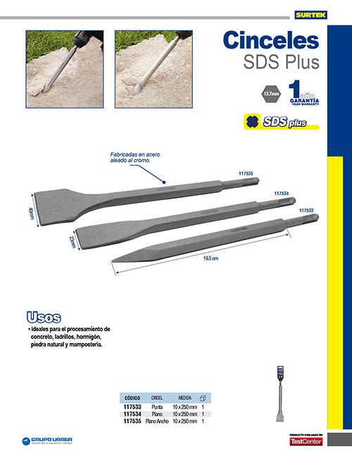 Cincel corta frío plano SDS PLUS 10 mm x 250 mm Surtek