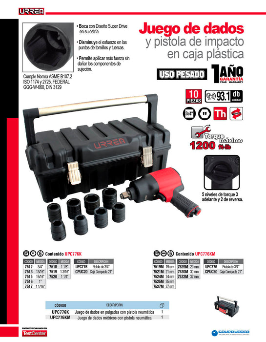 Juego de pistola de impacto neumática cuadro de 3/4" y accesorios en pulgadas, 10 piezas Urrea