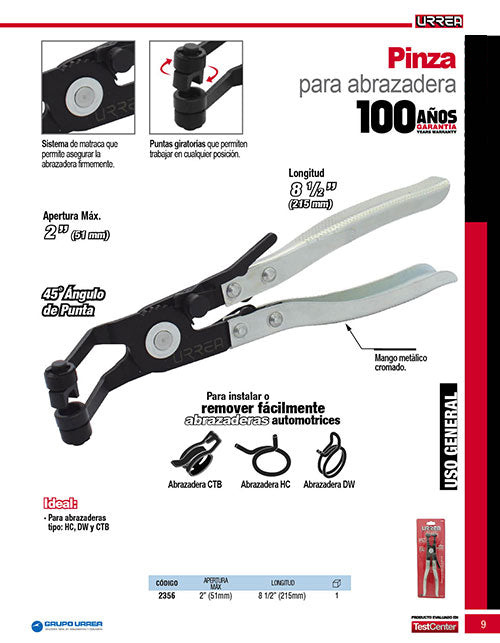 Pinza para abrazaderas apertura máxima de 2", 8-1/2" Urrea