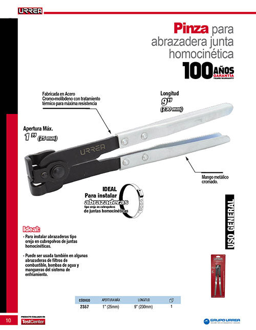 Pinza para abrazaderas de junta homocinética apertura máxima 2", 9" Urrea