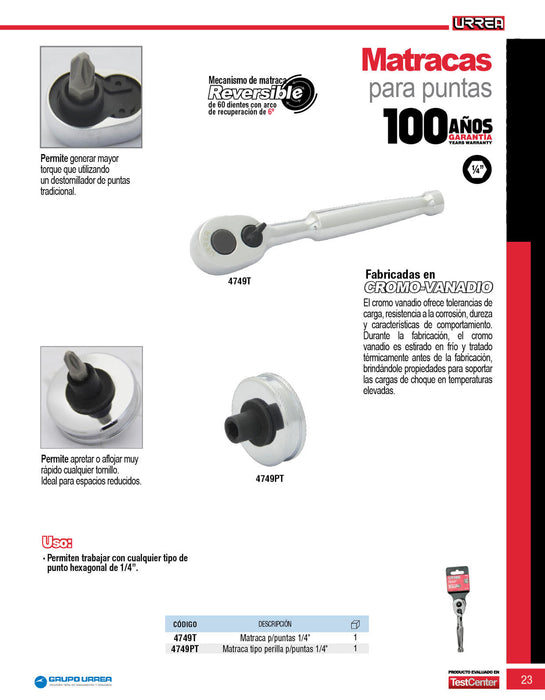 Matraca cabeza tipo pera para punta hexagonal de 1/4" Urrea