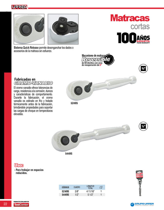 Matraca reversible mango corto, quick release, para dado cuadro de 3/8" Urrea