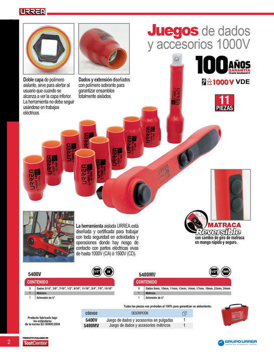 Juego de dados y accesorios cuadro de 1/2"  en pulgadas para 1000 V, 11 piezas Urrea