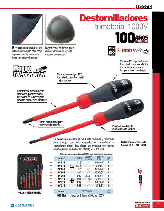 Destornillador con mango trimaterial 1000 V, punta phillips #2 x 4" Urrea