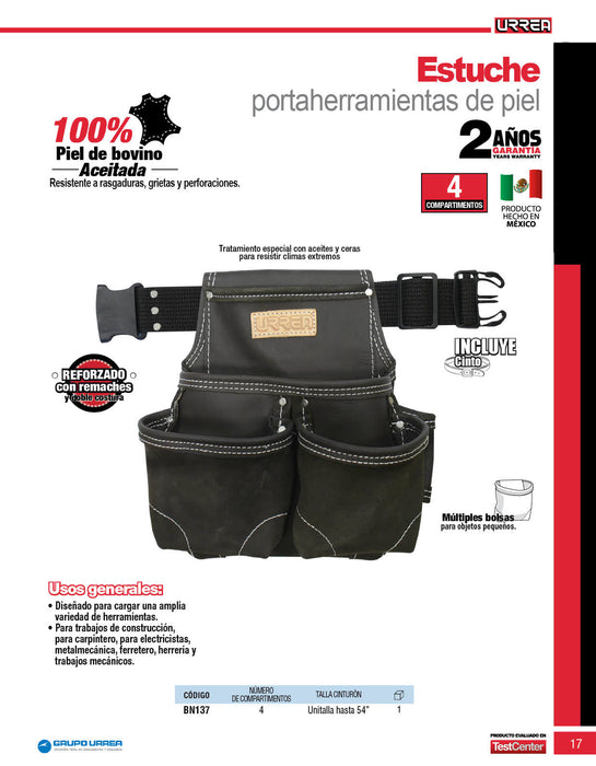 Portaherramientas de piel con cinturón, 4 bolsillos Urrea