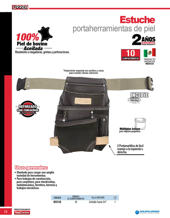 Portaherramientas de piel con cinturón, 10 bolsillos Urrea