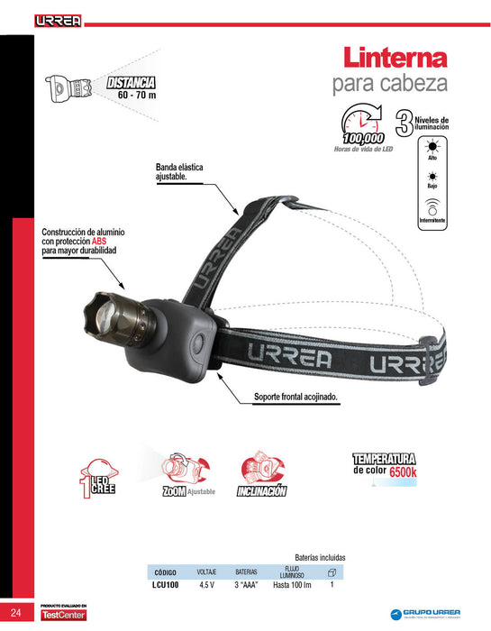Linterna de LED para cabeza a baterías 3 pilas "AAA" de 100 lm Urrea