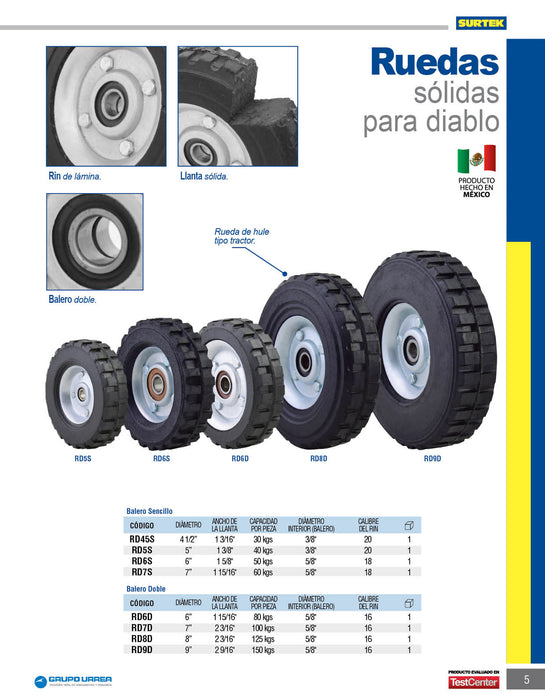 Rueda sólida para diablo con balero sencillo 50 kg, 5" Surtek