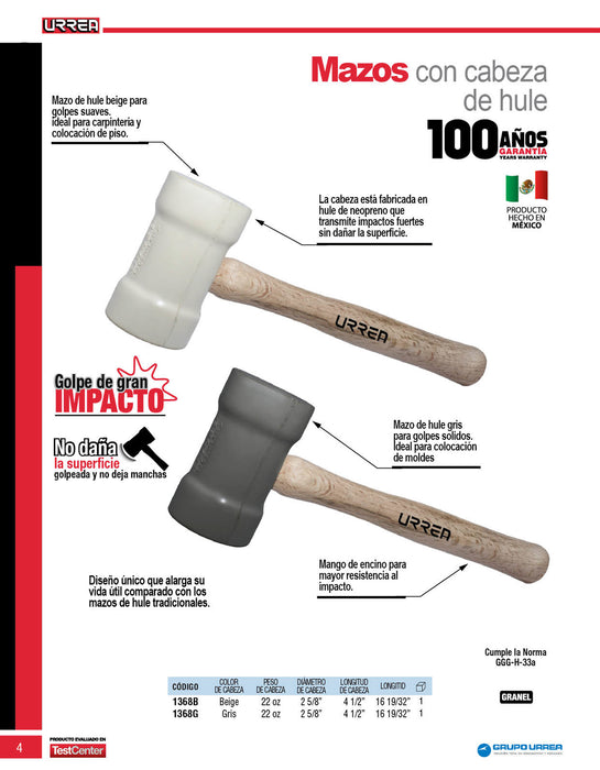 Mazo con cabeza de hule gris con mango de madera de encino de 16", 22 oz Urrea