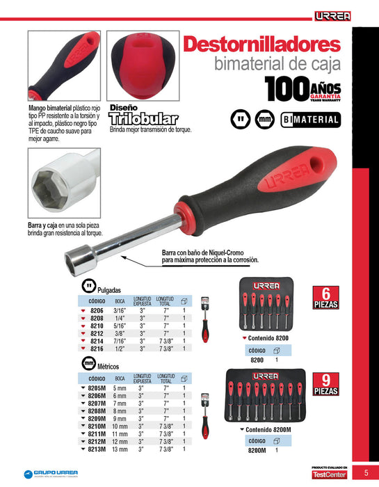 Destornillador con mango bimaterial, de caja métrico 5 mm x 3" Urrea