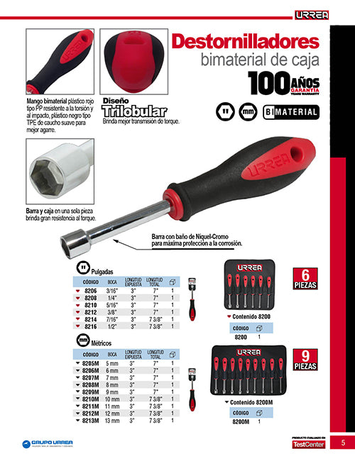 Destornillador con mango bimaterial, de caja en pulgadas 5/16" x 3" Urrea