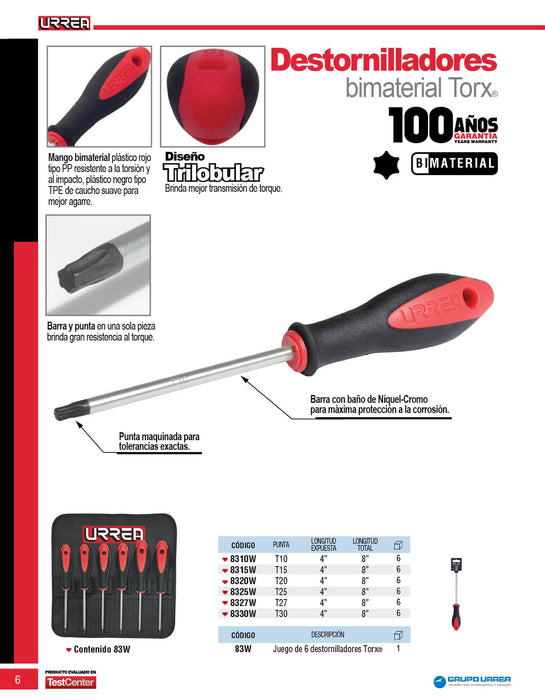 Destornillador con mango bimaterial, punta Torx barra redonda T10 x 4" Urrea