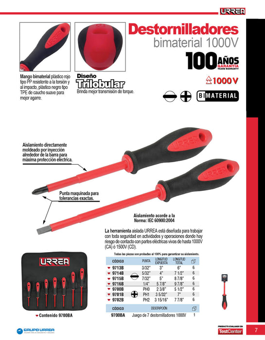 Destornillador con mango bimaterial 1000 V, punta plana 3/32" x 3" Urrea