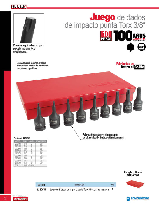 Juego de dados de impacto con punta torx cuadro de 3/8", 10 piezas Urrea