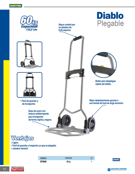 Diablo plegable capacidad 60 kg 26-3/4" con rueda de hule Surtek