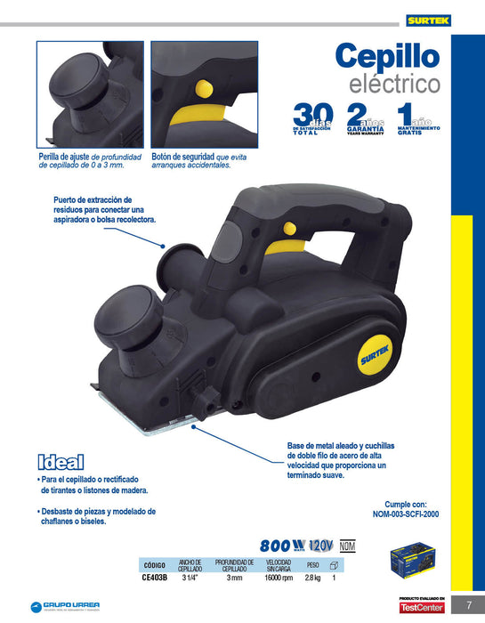 Cepillo eléctrico con perilla de ajuste de profundidad de 0 a 3 mm, 3-1/4", 800 W Surtek