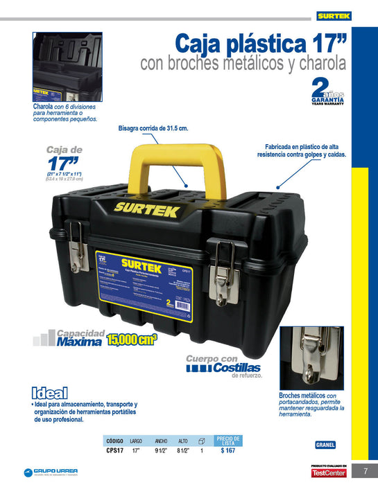 Caja portaherramientas plástica con broches metálicos color negro 17" x 9" x 8" Surtek