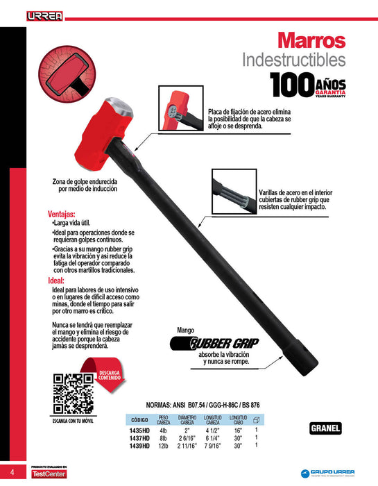 Marro irrompible con mango Rubber grip anti-vibración de 16", 4 lb Urrea