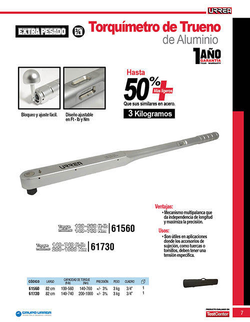 Torquímetro de trueno con cuerpo de aluminio escala dual cuadro de 3/4", 140-740 ft-lb Urrea