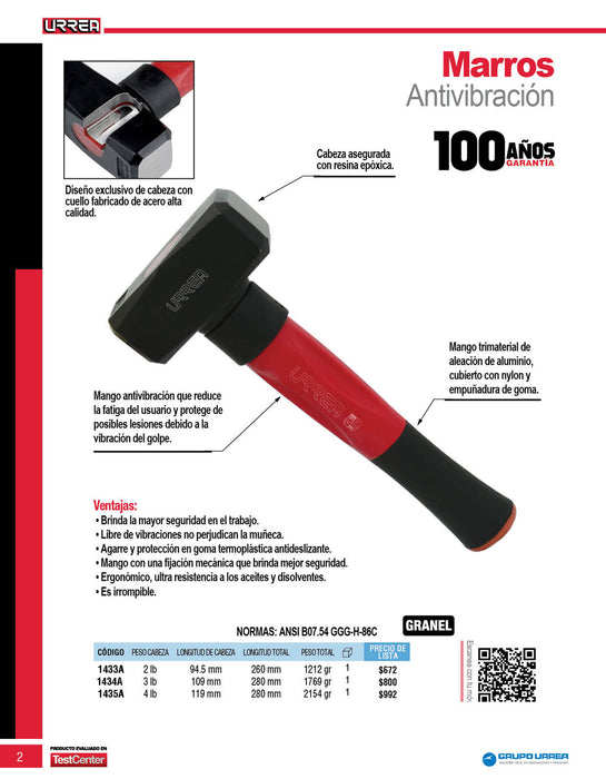 Marro anti-vibración con mango Rubber grip de 10-1/4", 2 lb Urrea