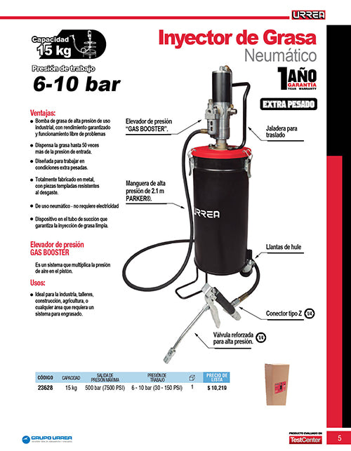 Inyector de grasa con cubeta neumático de 15 kg, 7,500 PSI Urrea