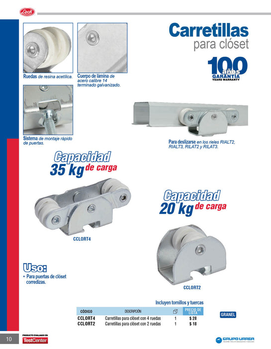Juego de carretillas riel TT 2 baleros para clóset, galvanizada Lock