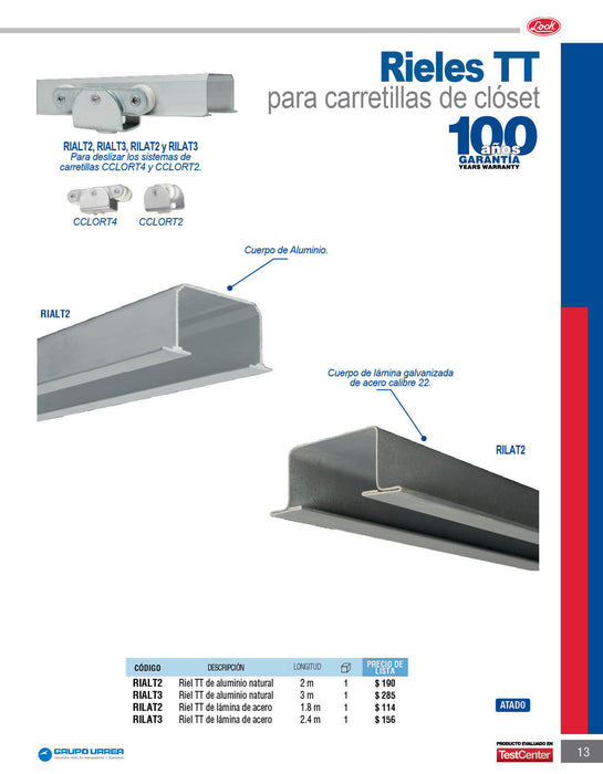 Riel tipo TT para clóset 3 m, de aluminio Lock