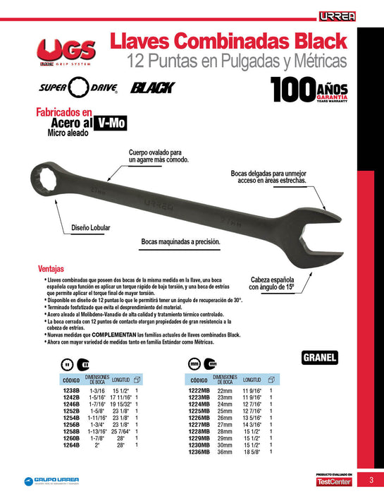 Llave combinada fosfatizada métrica, 12 puntas, 23 mm Urrea