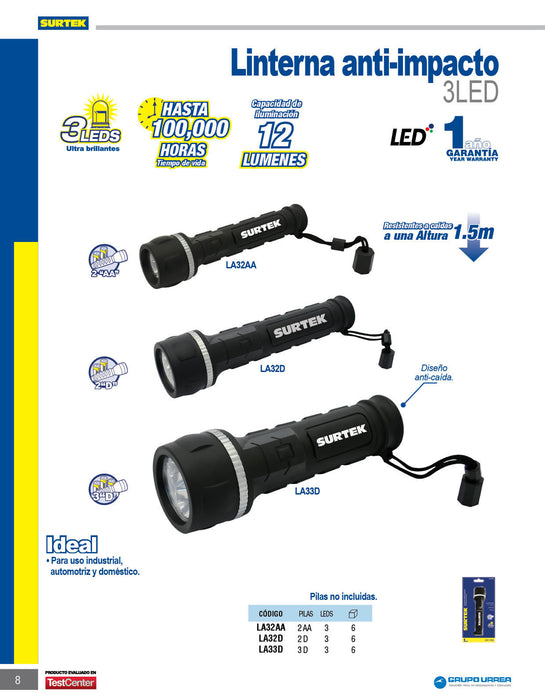 Linterna de LED anti-impacto a baterías 3 pilas "D" de 12 lm Surtek