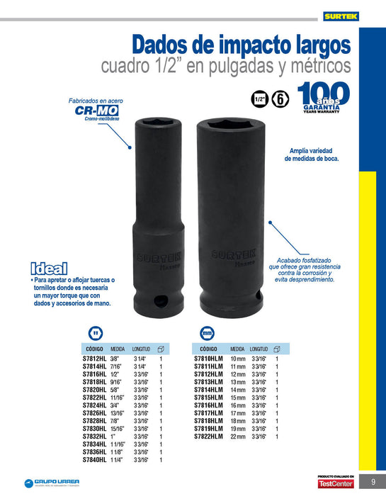 Dado de impacto largo cuadro de 1/2", 6 puntas, métrico, 17 mm Surtek