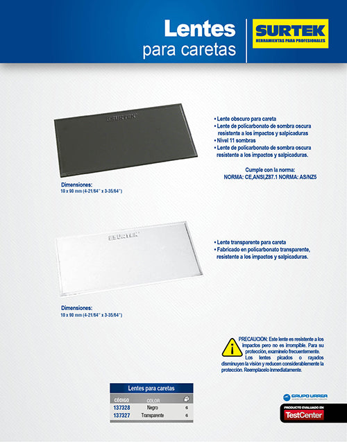 Repuesto de lente para careta 137331 oscuro 11 sombras Surtek