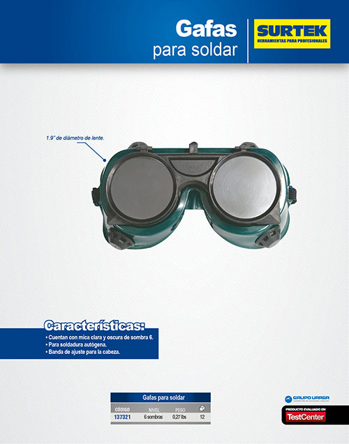 Gafas para soldar de 6 sombras con banda de ajuste para soldadura autógena Surtek