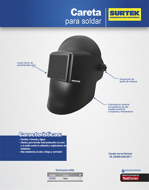 Careta para soldar con portavidrio de visión amplia y ajuste de matraca Surtek