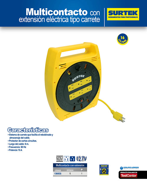 Multicontacto 6 entradas tipo carrete con extensión eléctrica 6 m Surtek