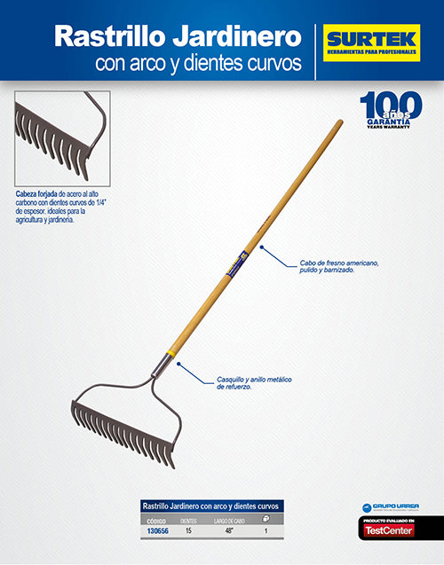 Rastrillo con arco para jardín con mango de madera 48", 15 dientes Surtek