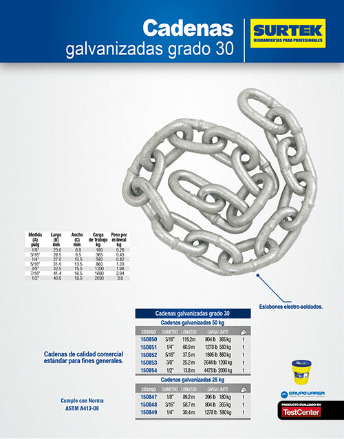 Cadena grado 30 galvanizada 25 kg, 3/16" Surtek