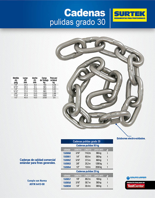 Cadena grado 30 pulida 25 kg, 1/8" Surtek