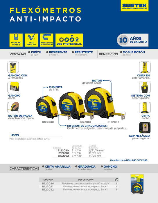 Flexómetro con carcasa anti-impacto 5 m x 1" Surtek