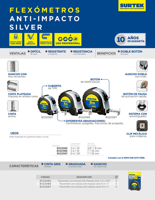 Flexómetro con carcasa anti-impacto silver 8 m x 1" Surtek