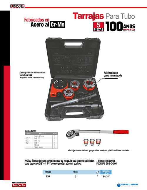 Juego de tarraja para tubo de 1/2" a 1" NPT, 5 piezas Urrea