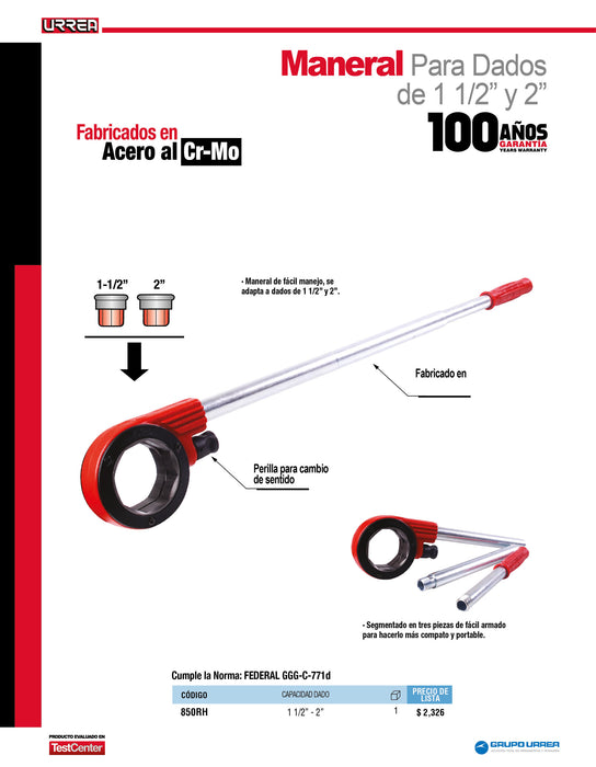 Maneral para tarraja tipo matraca de 1-1/2" a  2" Urrea