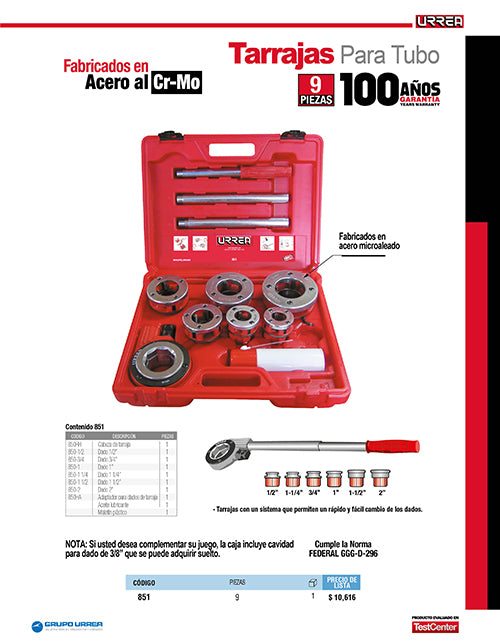 Juego de tarraja para tubo de 1/2" a 2" NPT, 9 piezas Urrea