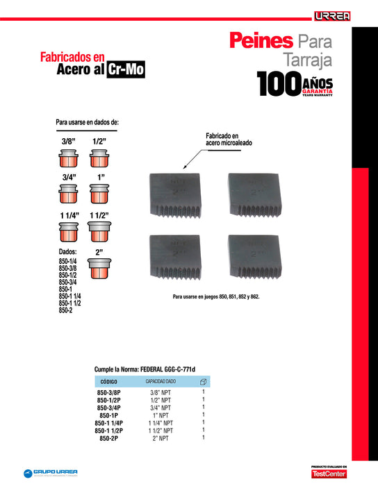 Peine para tarraja de 2" NPT Urrea