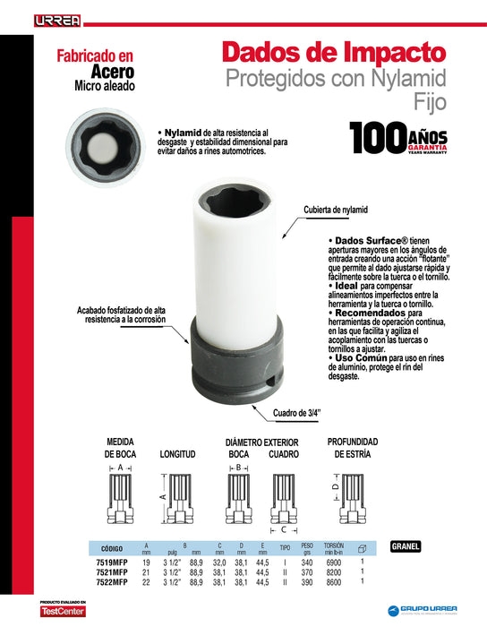 Dado de impacto largo métrico cuadro de 3/4", con protección Nylamid, 22 mm Urrea