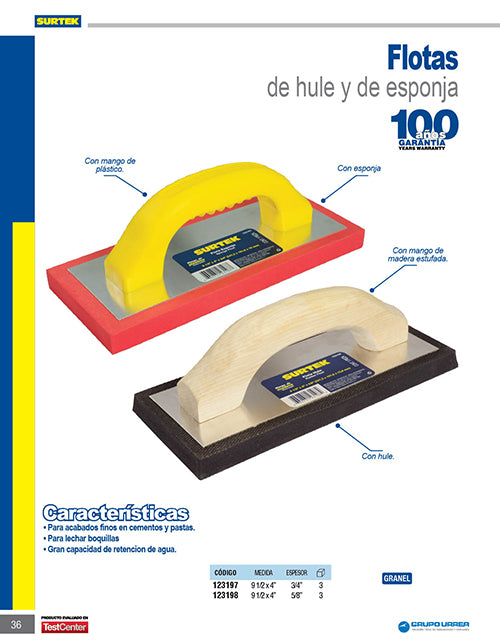 Flota de hule acabado fino con mango de madera 9-1/2" x 4" x 5/8" Surtek