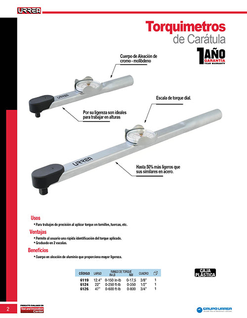 Torquímetro de carátula con cuerpo de aluminio cuadro de 3/4", 120-600 ft-lb Urrea