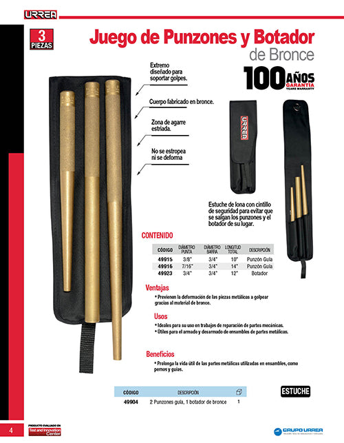Juego de punzones guía y botador de bronce, 3 piezas Urrea