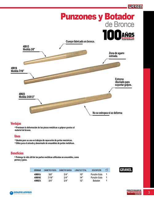 Botador de bronce 3/4", 12" Urrea